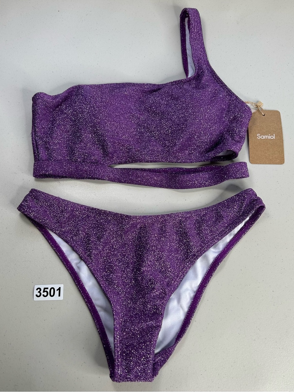 Samiol Small Purple Lurex One Cut Out Shoulder Bikini Set